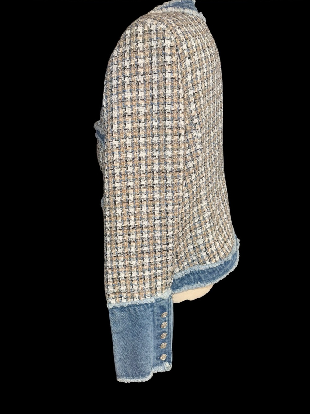 Nanette Lepore Tweed Denim Jacket Womens L Frayed Raw Edge Mixed Media Blazer - Picture 2 of 5
